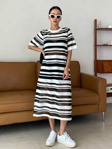 DAZY Ladies áo len váy cắt Sọc Giải trí - Đen và trắng - Xem 5