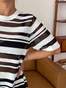 DAZY Ladies áo len váy cắt Sọc Giải trí - Đen và trắng - Xem 7