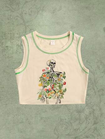 Fairycore Top tank ribete con puntada de cráneo & con estampado floral