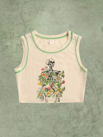 Fairycore Top sans manches à couture tête de mort et fleuri