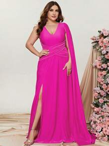 大碼超長袖高衩連衣裙 - 玫紅色 - 查看 1