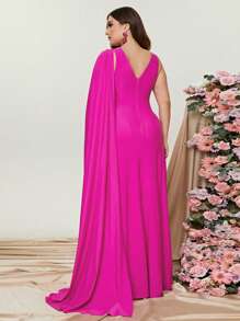 大碼超長袖高衩連衣裙 - 玫紅色 - 查看 2