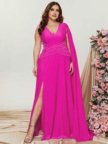 大碼超長袖高衩連衣裙 - 玫紅色 - 查看 4