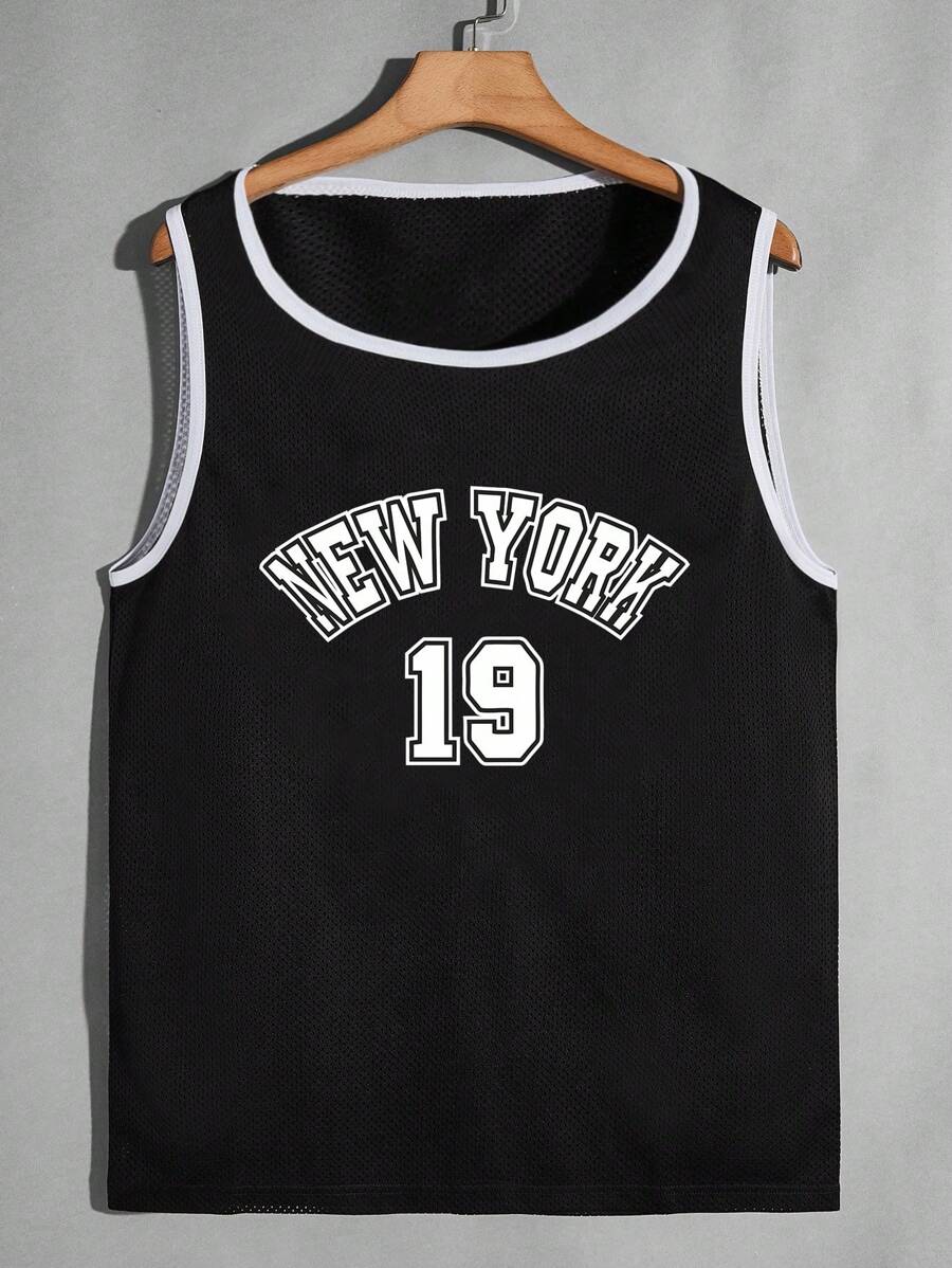 Manfinity Campus Court Aesthetic Post--Men Letter Graphic Contrast Binding Tank Top - Black - View 1