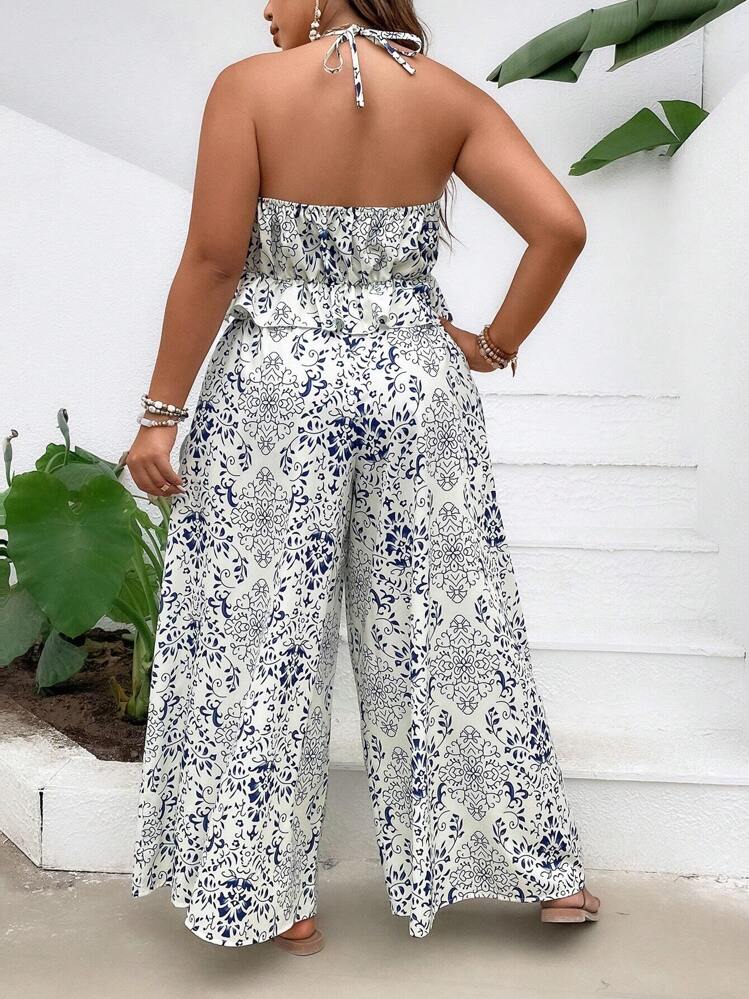 SHEIN Holidaya พลัส พิมพ์ลายทั้งตัว เสื้อท็อปคล้องคอ & กางเกงขากว้าง - สีน้ำเงินและสีขาว - ดู 2