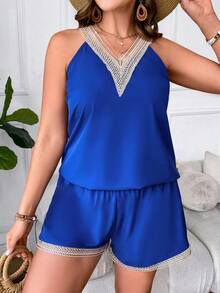 SHEIN LUNE Plus Contrast Guipure Lace Tank Top & Shorts - Royal Blue - View 3