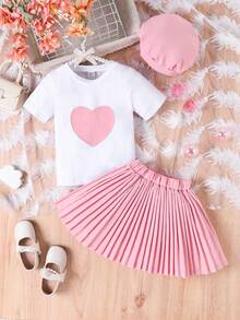 SHEIN Cô Gái Trẻ In Trái tim Áo thun & Chân Váy xếp ly & Mũ - Nhiều màu - Xem 6