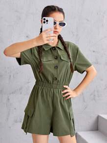 SHEIN Teen Girls Flap Pocket Button Front Shirt Romper - Army Green - View 2