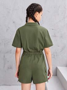 SHEIN Teen Girls Flap Pocket Button Front Shirt Romper - Army Green - View 3
