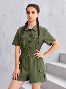 SHEIN Teen Girls Flap Pocket Button Front Shirt Romper - Army Green - View 4