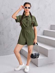 SHEIN Teen Girls Flap Pocket Button Front Shirt Romper - Army Green - View 5