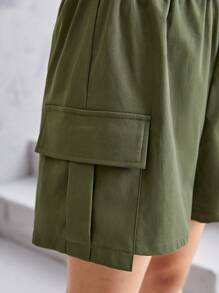 SHEIN Teen Girls Flap Pocket Button Front Shirt Romper - Army Green - View 6