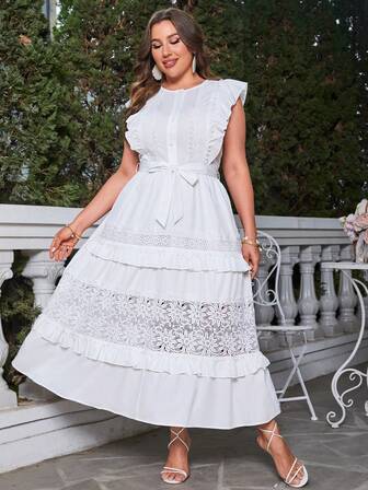 Simplee Plus Contrast Lace Belted Dress