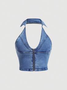 SHEIN MOD áo denim kích thước lớn Lộ Lưng Dây kéo màu trơn Giải trí - Rửa trung bình - Xem 1