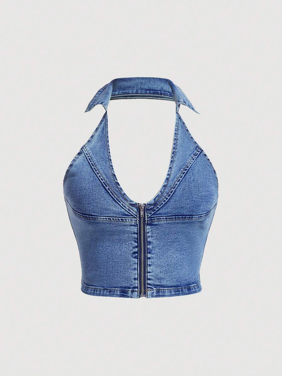 SHEIN MOD áo denim kích thước lớn Lộ Lưng Dây kéo màu trơn Giải trí - Rửa trung bình - Xem 1