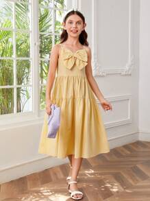 SHEIN Girls Bow Front Ruffle Hem Cami Dress - Yellow - View 3