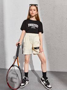 女孩字母圖案T恤和帶扣細節翻蓋口袋短褲 - 彩色 - 查看 3