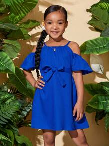 SHEIN Cô Gái Trẻ Màu Xanh Hoàng Gia Thanh Lịch Đường Phố Đô Thị Dây Cổ Vai Trễ Vai Tay Ngắn Cho Mùa Hè - Xanh đậm - Xem 5