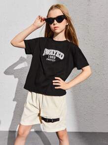 女孩字母圖案T恤和帶扣細節翻蓋口袋短褲 - 彩色 - 查看 5