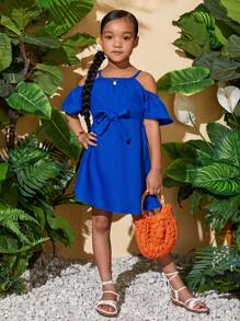 SHEIN Cô Gái Trẻ Màu Xanh Hoàng Gia Thanh Lịch Đường Phố Đô Thị Dây Cổ Vai Trễ Vai Tay Ngắn Cho Mùa Hè - Xanh đậm - Xem 6