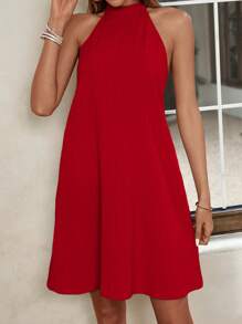 SHEIN VCAY Solid Tie Back Halter Dress - Red - View 3