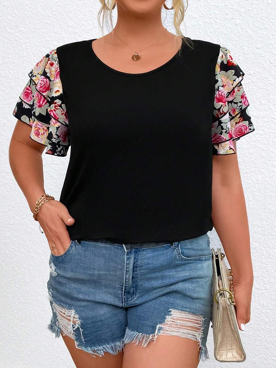 SHEIN LUNE Áo thun Plus size phân lớp Hoa Giải trí - màu đen - Xem 1