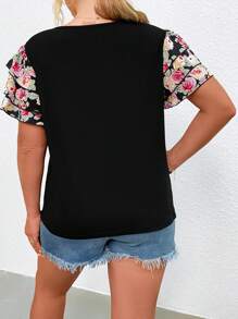 SHEIN LUNE Áo thun Plus size phân lớp Hoa Giải trí - màu đen - Xem 2