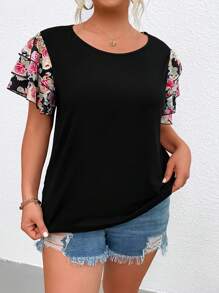 SHEIN LUNE Áo thun Plus size phân lớp Hoa Giải trí - màu đen - Xem 3