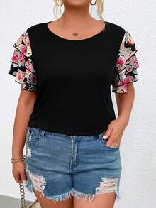SHEIN LUNE Áo thun Plus size phân lớp Hoa Giải trí - màu đen - Xem 6