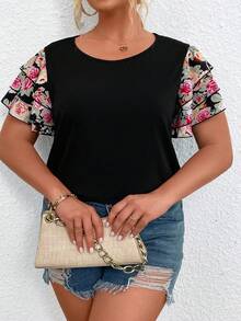 SHEIN LUNE Áo thun Plus size phân lớp Hoa Giải trí - màu đen - Xem 7