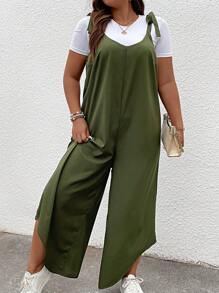 SHEIN LUNE Jumpsuits Plus Size Bất đối xứng Thắt nút màu trơn Giải trí - xanh quân đội - Xem 2