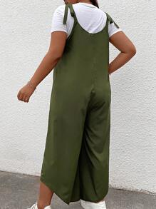 SHEIN LUNE Jumpsuits Plus Size Bất đối xứng Thắt nút màu trơn Giải trí - xanh quân đội - Xem 3