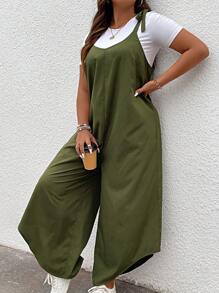 SHEIN LUNE Jumpsuits Plus Size Bất đối xứng Thắt nút màu trơn Giải trí - xanh quân đội - Xem 4