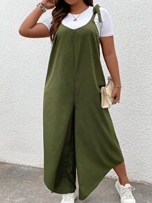 SHEIN LUNE Jumpsuits Plus Size Bất đối xứng Thắt nút màu trơn Giải trí - xanh quân đội - Xem 1