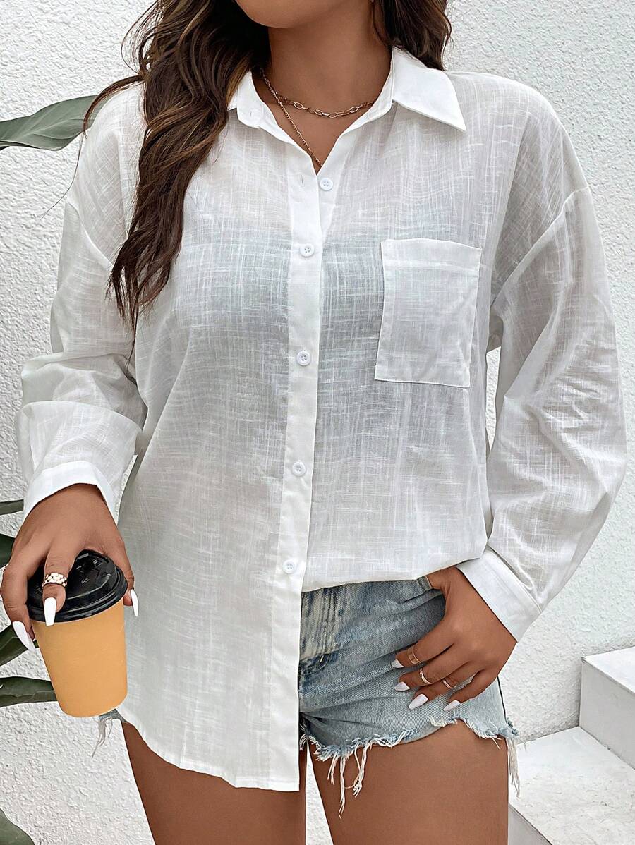 SHEIN Holidaya Áo sơ mi Plus Size Túi Nút phía trước màu trơn Giải trí - trắng - Xem 1
