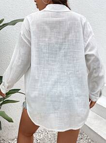 SHEIN Holidaya Áo sơ mi Plus Size Túi Nút phía trước màu trơn Giải trí - trắng - Xem 2