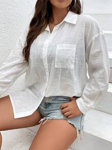 SHEIN Holidaya Áo sơ mi Plus Size Túi Nút phía trước màu trơn Giải trí - trắng - Xem 3