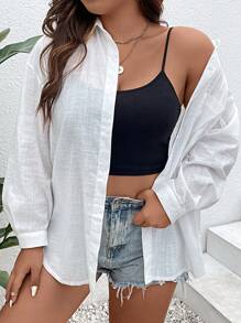 SHEIN Holidaya Áo sơ mi Plus Size Túi Nút phía trước màu trơn Giải trí - trắng - Xem 4