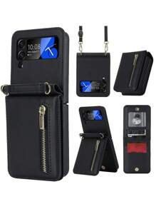 Ốp lưng điện thoại PU có thể gập lại với khe cắm thẻ & dây đeo chéo - màu đen - Xem 1