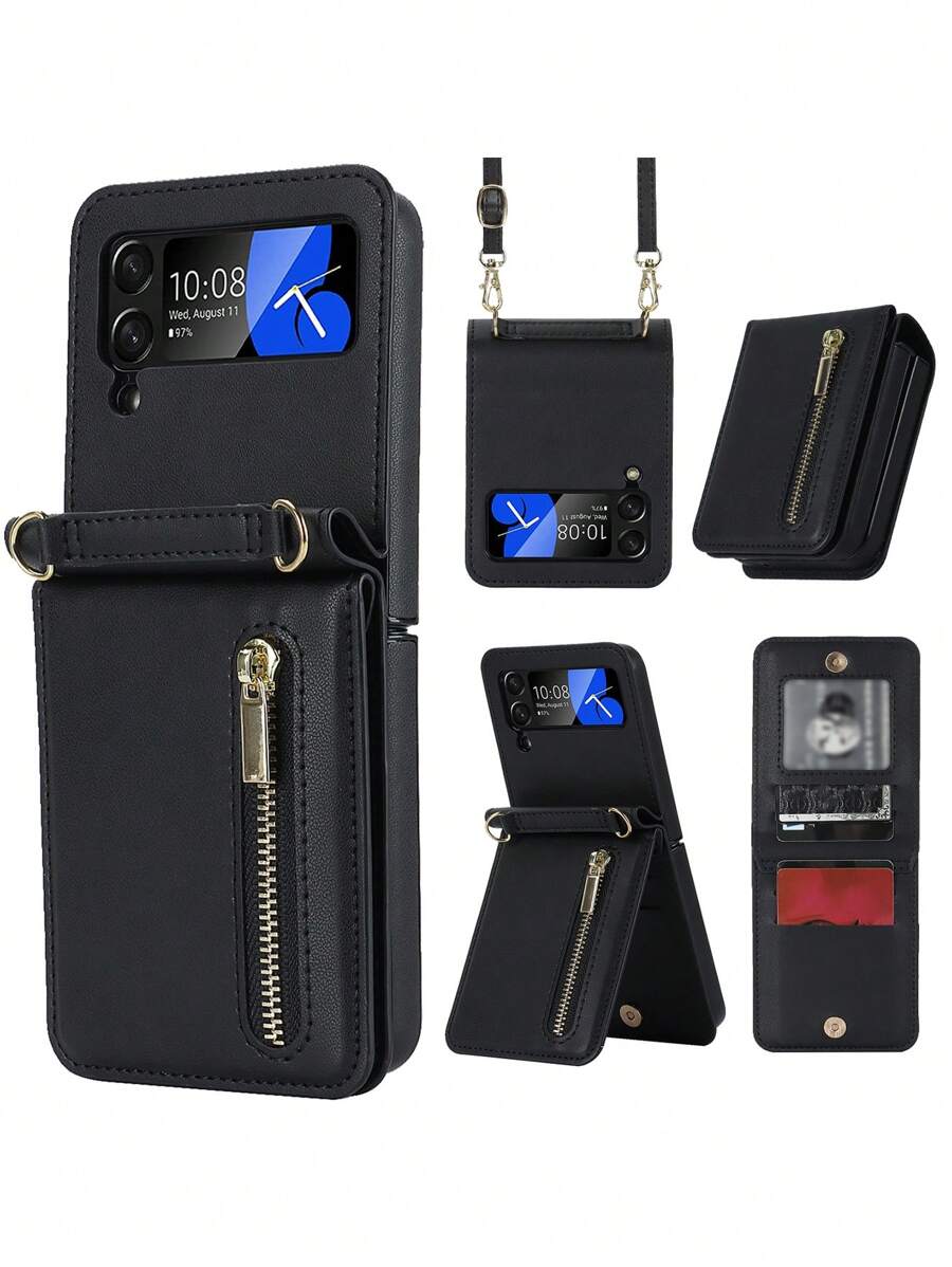 Ốp lưng điện thoại PU có thể gập lại với khe cắm thẻ & dây đeo chéo - màu đen - Xem 1