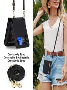 Ốp lưng điện thoại PU có thể gập lại với khe cắm thẻ & dây đeo chéo - màu đen - Xem 8