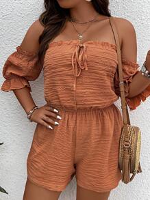 SHEIN Holidaya Plus Off Shoulder Knot Front Flounce Sleeve Top & Shorts - Orange - View 5