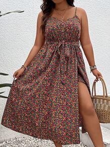 SHEIN Holidaya 大碼碎花高衩腰帶吊帶連衣裙 - 彩色 - 查看 4