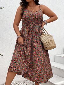 SHEIN Holidaya 大碼碎花高衩腰帶吊帶連衣裙 - 彩色 - 查看 6