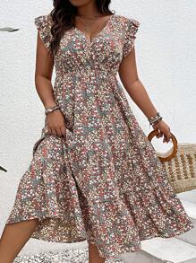 SHEIN Clasi Plus Ditsy Floral Print Ruffle Hem Dress - Multicolor - View 1