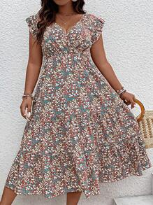 SHEIN Clasi Plus Ditsy Floral Print Ruffle Hem Dress - Multicolor - View 4