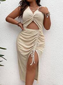 Calvaya Plus Twist Front Cut Out Drawstring Front Split Thigh Dress