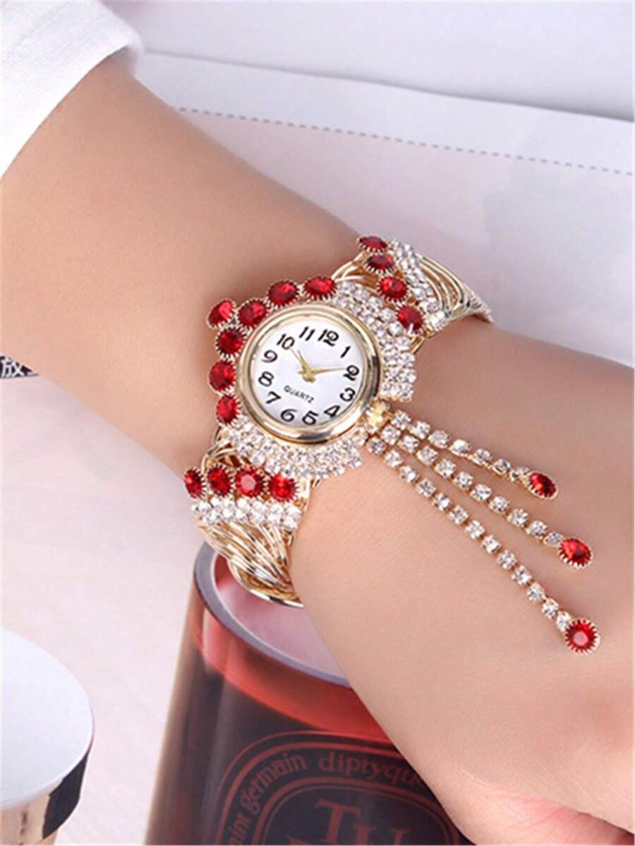 1 件女士手表金色不锈钢表带迷人水钻装饰几何表盘石英表，适合派对作为返校学生的礼物