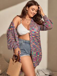SHEIN Swim Curve Plus Space Dye Drop Shoulder Open Front Kimono - Multicolor - View 5