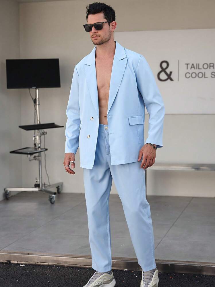 Calvornis Blazer De Color Sólido Con Un Solo Botón Y Pantalones A Juego Con Corte Amplio Para Hombres - Neblina azul - Añade 7